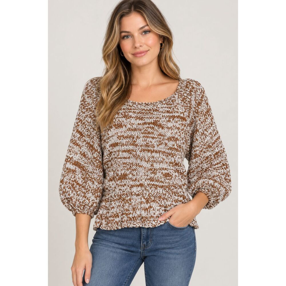 New Zara Combination Knit Peplum Puff Sleeve Top Women's Size Medium